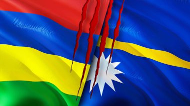 Mauritius ve Nauru yara izi olan bayraklar. Dalgalanan bayrak, 3 boyutlu görüntüleme. Mauritius ve Nauru çatışma konsepti. Mauritius Nauru ilişkileri kavramı. Mauritius bayrağı ve Nauru krizi, savaş, saldırı konsepti