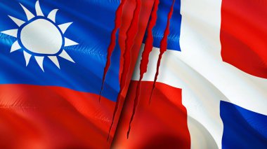 Yara izi olan Tayvan ve Dominik Cumhuriyeti bayrakları. Dalgalanan bayrak, 3 boyutlu görüntüleme. Tayvan ve Dominik Cumhuriyeti çatışma konsepti. Tayvan Dominik Cumhuriyeti ilişkileri kavramı. Tayvan bayrağı