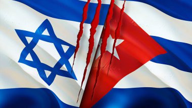 Yara izi olan İsrail ve Küba bayrakları. Dalgalanan bayrak, 3 boyutlu görüntüleme. İsrail ve Küba çatışma konsepti. İsrail Küba ilişkileri kavramı. İsrail bayrağı ve Küba krizi, savaş, saldırı konsepti