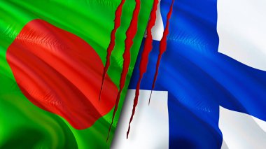 Bangladeş ve Finlandiya bayraklarında yara izi var. Dalgalanan bayrak, 3 boyutlu görüntüleme. Bangladeş ve Finlandiya çatışma konsepti. Bangladeş Finlandiya ilişkileri kavramı. Bangladeş bayrağı ve Finlandiya krizi, savaş