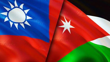 Tayvan ve Ürdün bayrakları. 3 boyutlu dalgalanan bayrak tasarımı. Tayvan Ürdün bayrağı, resim, duvar kağıdı. Tayvan 'a karşı Jordan imajı, 3 boyutlu canlandırma. Tayvan Ürdün ilişkileri ittifak ve ticaret, seyahat, turizm konsepti