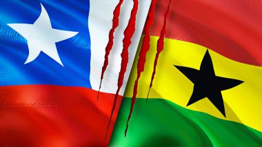 Yara izi olan Şili ve Gana bayrakları. Dalgalanan bayrak, 3 boyutlu görüntüleme. Şili ve Gana çatışma konsepti. Şili Gana ilişkileri kavramı. Şili ve Gana bayrağı krizi, savaş, saldırı konsepti