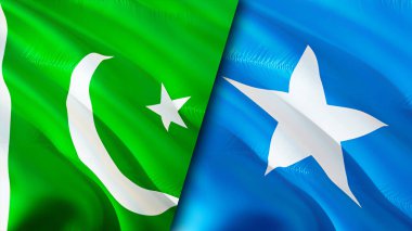 Pakistan ve Somali bayrakları. 3 boyutlu dalgalanan bayrak tasarımı. Pakistan Somali bayrağı, resim, duvar kağıdı. Pakistan, Somali 'ye karşı, görüntü 3 boyutlu. Pakistan Somali ilişkileri ittifak ve ticaret, seyahat, turnuva
