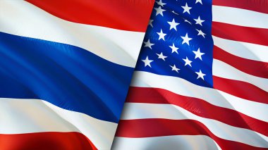 Tayland ve ABD bayrakları. 3 boyutlu dalgalanan bayrak tasarımı. Tayland bayrağı, resim, duvar kağıdı. Tayland, ABD imajına karşı, 3D görüntüleme. Tayland ABD ilişkileri ittifak ve ticaret, seyahat, turizm konsepti