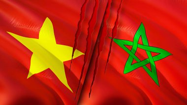 Vietnam ve Fas bayrakları. 3 boyutlu dalgalanan bayrak tasarımı. Vietnam Fas bayrağı, resim, duvar kağıdı. Vietnam, Fas 'a karşı görüntü, 3 boyutlu canlandırma. Vietnam Fas ilişkileri ittifak ve ticaret, seyahat, turizm konsepti