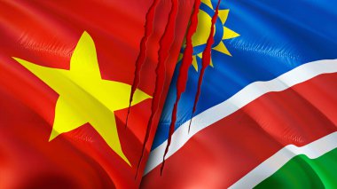 Vietnam ve Namibya bayrakları. 3 boyutlu dalgalanan bayrak tasarımı. Vietnam Namibya bayrağı, resim, duvar kağıdı. Vietnam, Namibya 'ya karşı, görüntü 3 boyutlu. Vietnam Namibya ilişkileri ittifak ve ticaret, seyahat, turizm konsepti
