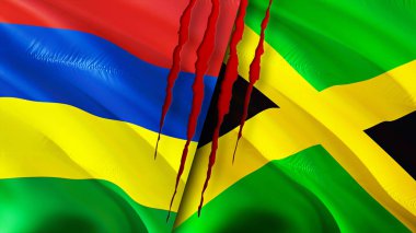 Yara izi olan Mauritius ve Jamaika bayrakları. Dalgalanan bayrak, 3 boyutlu görüntüleme. Mauritius ve Jamaika çatışma konsepti. Mauritius Jamaika ilişkileri kavramı. Mauritius ve Jamaika bayrağı krizi, savaş, attac