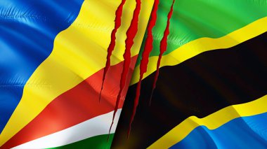 Yara izi olan Seyşeller ve Tanzanya bayrakları. Dalgalanan bayrak, 3 boyutlu görüntüleme. Seyşeller ve Tanzanya çatışma konsepti. Seyşeller Tanzanya ilişkileri kavramı. Seyşeller ve Tanzani bayrağı