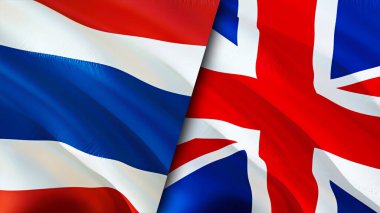 Tayland ve Birleşik Krallık bayrakları. 3 boyutlu dalgalanan bayrak tasarımı. Tayland ve Birleşik Krallık bayrağı, resim, duvar kağıdı. Tayland, Birleşik Krallık 'a karşı, görüntü 3 boyutlu. Tayland ve Birleşik Krallık ilişkileri ittifak