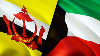 Brunei ve Kuveyt bayrakları. 3 boyutlu dalgalanan bayrak tasarımı. Brunei Kuveyt bayrağı, resim, duvar kağıdı. Brunei Kuveyt 'e karşı, görüntü 3 boyutlu. Brunei Kuveyt ilişkileri ittifak ve ticaret, seyahat, turizm konsepti