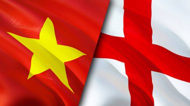 Vietnam ve İngiltere yara izi olan bayraklar. Dalgalanan bayrak, 3 boyutlu görüntüleme. Vietnam ve İngiltere çatışma konsepti. Vietnam İngiltere ilişkileri kavramı. Vietnam bayrağı ve İngiltere krizi, savaş, saldırı konsepti