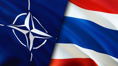 NATO ve Tayland bayrakları. 3 boyutlu dalgalanan bayrak tasarımı. Tayland ve NATO bayrağı, resim, duvar kağıdı. NATO, Tayland 'a karşı, görüntü 3 boyutlu. NATO Tayland ilişkileri ittifak ve ticaret, seyahat, turizm konsepti