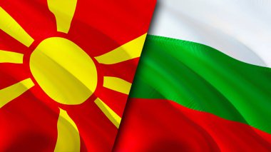 Kuzey Makedonya ve Bulgaristan bayrakları. 3 boyutlu dalgalanan bayrak tasarımı. Kuzey Makedonya, Bulgaristan bayrağı, resmi, duvar kağıdı. Kuzey Makedonya Bulgaristan 'a karşı imaj, 3D görüntüleme. Kuzey Makedonya Bulgaristan ilişkileri