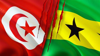 Tunus, Sao Tome ve Principe bayrakları ve yara izi konsepti. Dalgalanan bayrak, 3 boyutlu görüntüleme. Tunus ve Sao Tome ve Principe çatışma konsepti. Tunus Sao Tome ve Principe ilişkileri kavramı. bayrak o