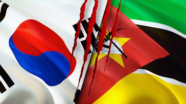 Güney Kore ve Mozambik bayraklarında yara izi var. Dalgalanan bayrak, 3 boyutlu görüntüleme. Güney Kore ve Mozambik çatışma konsepti. Güney Kore Mozambik ilişkileri kavramı. Güney Kore bayrağı