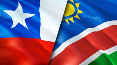 Şili ve Namibya bayrakları. 3 boyutlu dalgalanan bayrak tasarımı. Şili Namibya bayrağı, resim, duvar kağıdı. Şili, Namibya 'ya karşı, görüntü 3 boyutlu. Şili Namibya ilişkileri ittifak ve ticaret, seyahat, turizm konsepti
