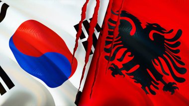 Güney Kore ve Arnavutluk yara izi kavramına sahip. Dalgalanan bayrak, 3 boyutlu görüntüleme. Güney Kore ve Arnavutluk çatışma konsepti. Güney Kore Arnavutluk ilişkileri kavramı. Güney Kore ve Arnavutların bayrağı