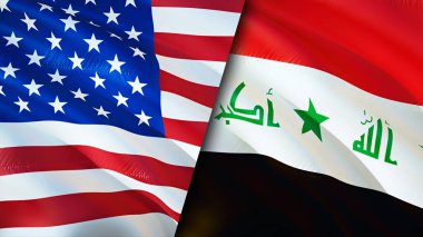 ABD ve Irak bayrakları. 3 boyutlu dalgalanan bayrak tasarımı. ABD Irak bayrağı, resim, duvar kağıdı. ABD Irak 'a karşı, görüntü 3D. ABD Irak ilişkileri ittifak ve ticaret, seyahat, turizm konsepti