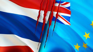 Yara izi olan Tayland ve Tuvalu bayrakları. Dalgalanan bayrak, 3 boyutlu görüntüleme. Tayland ve Tuvalu çatışma konsepti. Tayland Tuvalu ilişkileri kavramı. Tayland bayrağı ve Tuvalu krizi, savaş, saldırı konsepti