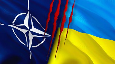 Yara izi olan NATO ve Ukrayna bayrakları. Dalgalanan bayrak, 3 boyutlu görüntüleme. Ukrayna ve NATO çatışma konsepti. NATO Ukrayna ilişkileri kavramı. NATO ve Ukrayna bayrağı krizi, savaş, saldırı konsepti