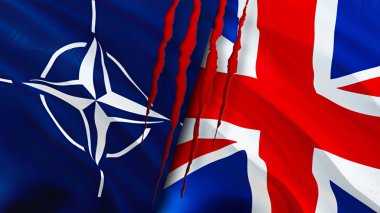 Yara izi olan NATO ve Birleşik Krallık bayrakları. Dalgalanan bayrak, 3 boyutlu görüntüleme. Birleşik Krallık ve NATO çatışma konsepti. NATO Birleşik Krallık ilişkileri kavramı. NATO ve Birleşik Kingdo bayrağı