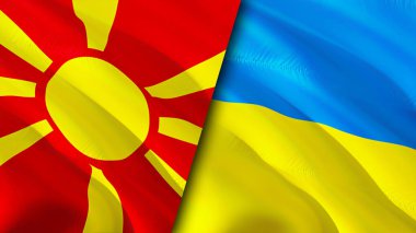 Kuzey Makedonya ve Ukrayna bayrakları. 3 boyutlu dalgalanan bayrak tasarımı. Kuzey Makedonya Ukrayna bayrağı, resim, duvar kağıdı. Kuzey Makedonya, Ukrayna imajına karşı, 3D görüntüleme. Kuzey Makedonya Ukrayna ilişkileri ittifak