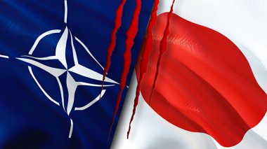 Yara izi olan NATO ve Japonya bayrakları. Dalgalanan bayrak, 3 boyutlu görüntüleme. Japonya ve NATO çatışma konsepti. NATO Japonya ilişkileri kavramı. NATO ve Japonya bayrağı kriz, savaş, saldırı konsepti