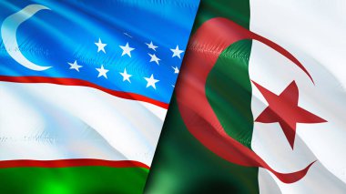Özbekistan ve Cezayir bayrakları. 3 boyutlu dalgalanan bayrak tasarımı. Özbekistan Cezayir bayrağı, resim, duvar kağıdı. Özbekistan, Cezayir imajına karşı, 3D görüntüleme. Özbekistan Cezayir ilişkileri