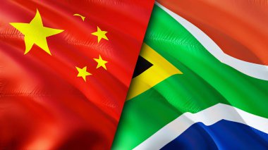 Çin ve Güney Afrika bayrakları. 3 boyutlu dalgalanan bayrak tasarımı. Çin Güney Afrika bayrağı, resim, duvar kağıdı. Çin, Güney Afrika imajına karşı, 3D görüntüleme. Çin Güney Afrika ilişkileri