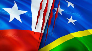 Şili ve Solomon Adaları yara izi olan bayraklar. Dalgalanan bayrak, 3 boyutlu görüntüleme. Şili ve Solomon Adaları çatışma konsepti. Şili Solomon Adaları ilişkileri kavramı. Şili ve Solomon Adasının bayrağı