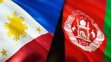 Filipinler ve Afganistan bayrakları. 3 boyutlu dalgalanan bayrak tasarımı. Filipinler Afganistan bayrağı, resim, duvar kağıdı. Filipinler, Afganistan imajına karşı, 3D canlandırma. Filipinler Afganistan ilişkileri ittifak