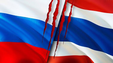 Rusya ve Tayland bayraklarında yara izi var. Dalgalanan bayrak, 3 boyutlu görüntüleme. Rusya ve Tayland çatışma konsepti. Rusya ve Tayland ilişkileri kavramı. Rusya ve Tayland bayrağı krizi, savaş, saldırı konsepti