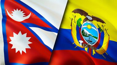 Nepal ve Ekvador bayrakları. 3 boyutlu dalgalanan bayrak tasarımı. Nepal Ekvador bayrağı, resim, duvar kağıdı. Nepal Ekvador 'a karşı görüntüsü, 3D görüntüleme. Nepal Ekvador ilişkileri ittifak ve ticaret, seyahat, turizm konsepti