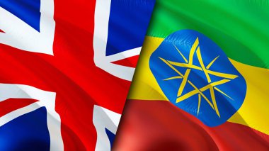 İngiltere ve Etiyopya bayrakları. 3 boyutlu dalgalanan bayrak tasarımı. Birleşik Krallık Etiyopya bayrağı, resim, duvar kağıdı. Birleşik Krallık Etiyopya 'ya karşı, görüntü 3 boyutlu. Birleşik Krallık Etiyopya ilişkileri ittifak