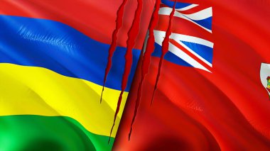 Mauritius ve Bermuda bayrakları yara izi konseptiyle. Dalgalanan bayrak, 3 boyutlu görüntüleme. Mauritius ve Bermuda çatışma konsepti. Mauritius Bermuda ilişkileri kavramı. Mauritius bayrağı ve Bermuda krizi, savaş, attac