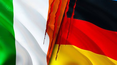İrlanda ve Almanya yara izi olan bayraklar. 3D bayrak sallama. İrlanda ve Almanya çatışma konsepti. İrlanda Almanya ilişkileri kavramı. İrlanda ve Almanya bayrağı kriz, savaş, saldırı konsepti