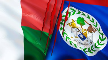 Madagaskar ve Belize bayrakları yara izi konseptiyle. Dalgalanan bayrak, 3 boyutlu görüntüleme. Madagaskar ve Belize çatışma konsepti. Madagaskar İlişkiler Konseptini Belize Etti. Madagaskar bayrağı ve Belize krizi, savaş, attac