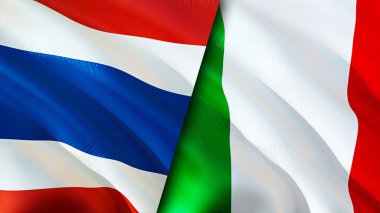 Tayland ve İtalya bayrakları. 3 boyutlu dalgalanan bayrak tasarımı. Tayland ve İtalya bayrağı, resim, duvar kağıdı. Tayland İtalya 'ya karşı, görüntü 3 boyutlu. Tayland İtalya ilişkileri ittifak ve ticaret, seyahat, turizm konsepti