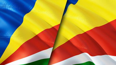 Seyşel ve Seyşel bayrakları. 3 boyutlu dalgalanan bayrak tasarımı. Seyşeller bayrağı, resim, duvar kağıdı. Seyşeller, Seyşeller 'e karşı 3 boyutlu görüntü. Seyşeller Seyşeller İlişkiler İttifakı