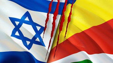 İsrail ve Seyşeller yara izi olan bayraklar. Dalgalanan bayrak, 3 boyutlu görüntüleme. İsrail ve Seyşeller çatışma konsepti. İsrail Seyşeller ilişkileri kavramı. İsrail bayrağı ve Seyşeller krizi, savaş, attac