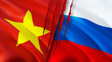Vietnam ve Rusya bayrakları. 3 boyutlu dalgalanan bayrak tasarımı. Vietnam Rusya bayrağı, resim, duvar kağıdı. Vietnam Rusya 'ya karşı, görüntü 3 boyutlu. Vietnam Rusya ilişkileri ittifak ve ticaret, seyahat, turizm konsepti