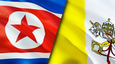 Kuzey Kore ve Vatikan bayrakları. 3 boyutlu dalgalanan bayrak tasarımı. Kuzey Kore Vatikan bayrağı, resim, duvar kağıdı. Kuzey Kore, Vatikan imajına karşı, 3D görüntüleme. Kuzey Kore Vatikan ilişkileri