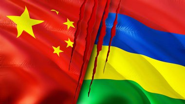 Yara izi olan Çin ve Mauritius bayrakları. Dalgalanan bayrak, 3 boyutlu görüntüleme. Çin ve Mauritius çatışma konsepti. Çin Mauritius ilişkileri kavramı. Çin bayrağı ve Mauritius krizi, savaş, saldırı konsepti