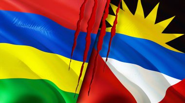 Mauritius, Antigua ve yara izi olan Barbuda bayrakları. Dalgalanan bayrak, 3 boyutlu görüntüleme. Mauritius, Antigua ve Barbuda çatışma konsepti. Mauritius Antigua ve Barbuda ilişkileri kavramı. bayrak o