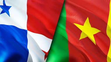 Panama ve Kamerun bayrakları. 3 boyutlu dalgalanan bayrak tasarımı. Panama Kamerun bayrağı, resim, duvar kağıdı. Panama, Kamerun 'a karşı, görüntü 3 boyutlu. Panama Kamerun ilişkileri ittifak ve ticaret, seyahat, turizm konsepti