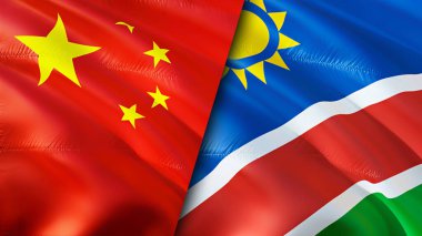 Çin ve Namibya bayrakları. 3 boyutlu dalgalanan bayrak tasarımı. Çin Namibya bayrağı, resim, duvar kağıdı. Çin, Namibya 'ya karşı, görüntü 3 boyutlu. Çin Namibya ilişkileri ittifak ve ticaret, seyahat, turizm konsepti