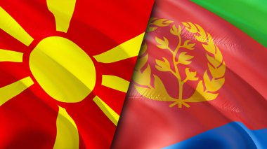 Kuzey Makedonya ve Eritre bayrakları. 3 boyutlu dalgalanan bayrak tasarımı. Kuzey Makedonya Eritre bayrağı, resim, duvar kağıdı. Kuzey Makedonya, Eritre imajına karşı, 3D görüntüleme. Kuzey Makedonya Eritre ilişkileri ittifakı