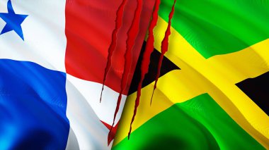Panama ve Jamaika bayrakları yara izi konseptiyle. Dalgalanan bayrak, 3 boyutlu görüntüleme. Panama ve Jamaika çatışma konsepti. Panama Jamaika ilişkileri kavramı. Panama ve Jamaika bayrağı krizi, savaş, saldırı konsepti