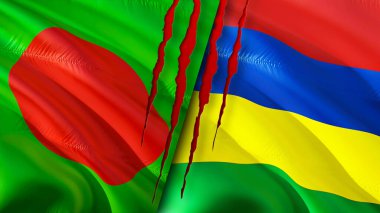 Yara izi olan Bangladeş ve Mauritius bayrakları. Dalgalanan bayrak, 3 boyutlu görüntüleme. Bangladeş ve Mauritius çatışma konsepti. Bangladeş Mauritius ilişkileri kavramı. Bangladeş ve Mauritiu bayrağı
