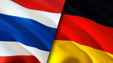 Tayland ve Almanya bayrakları. 3 boyutlu dalgalanan bayrak tasarımı. Tayland ve Almanya bayrağı, resim, duvar kağıdı. Tayland, Almanya 'ya karşı. Görüntü 3 boyutlu. Tayland Almanya ilişkileri ittifak ve ticaret, seyahat, turnuva